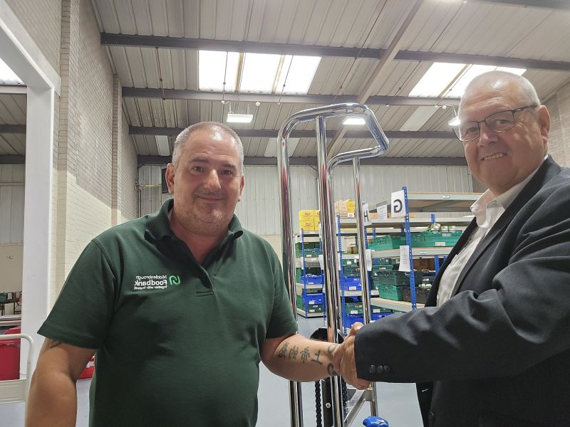 Ken Stephens and Middlesbrough Foodbank representative shaking hands